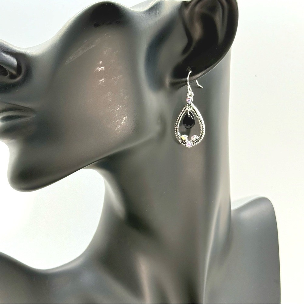 Ear Sense Silver Tone Black Teardrop AB Rhinestone Hypoallergenic Earrings NEW - Picture 3 of 6